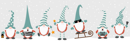 eps vector illustration with christmas gnomes having different characters for xmas and winter time concepts, falling snow flakes on gray colored backgroundのイラスト素材