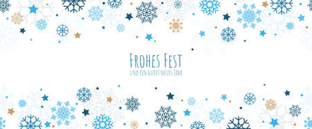 EPS 10 vector background file showing christmas time snow flakes falling on upper and lower side with xmas and new year greetings (german text) colored blue and whiteのイラスト素材