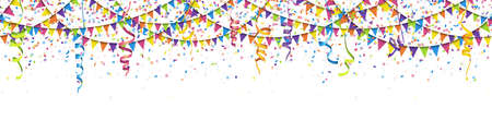 vector illustration of seamless colored garlands, streamers and confetti on white background for sylvester party or carnival template usageのイラスト素材