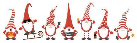 christmas gnomes with different characters for christmas and winter time concepts, greetings for christmas and New Year and white backgroundのイラスト素材
