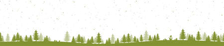 vector file showing simple christmastime background with typical elements for xmas and winter time concepts, green nature background with fir trees, fall of snow, presents and snowmanのイラスト素材