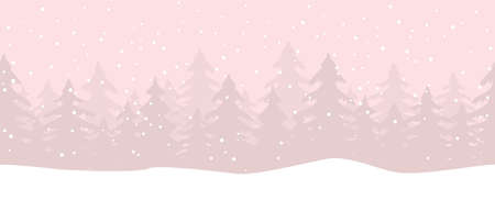 EPS 10 vector illustration showing christmas time nature landscape background with fields of snow, firs, falling snow and red colored backgroundのイラスト素材