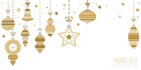 eps vector illustration with different vintage elegant christmas tree baubles with ornaments and festive decorations colored goldのイラスト素材
