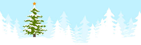eps vector illustration with christmas tree in front of snowy fields and firs for christmas and winter time concepts on blue backgroundのイラスト素材
