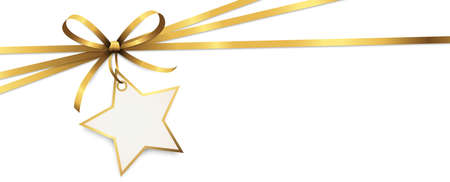 vector illustration of gold colored ribbon bow and gift band with shape of a star pendant for christmas greetings isolated on white backgroundのイラスト素材