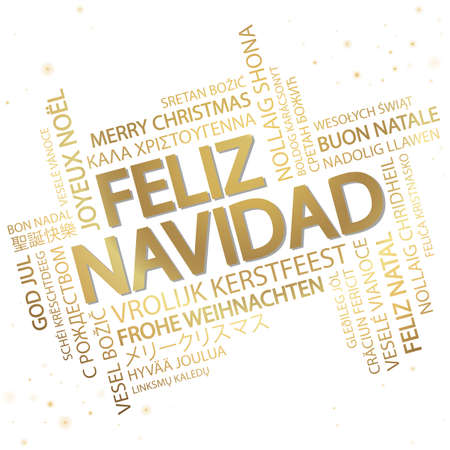 Word cloud with text Merry Christmas in different languages, in the middle one oversized and bold written in Spanishのイラスト素材