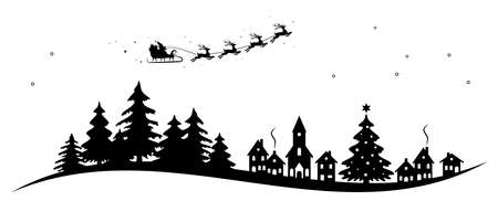 eps vector illustration with silhouette of Santa Claus with sleigh and reindeer over a church, village and trees isolated on white background for christmas and new year greetingsのイラスト素材
