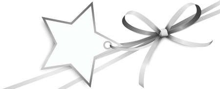 vector illustration of silver colored ribbon bow and gift band with shape of a star pendant for christmas greetings isolated on white backgroundのイラスト素材