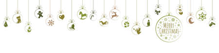 hanging baubles colored green with different abstract icons for christmas and winter time concepts and greetings for christmas and New Yearのイラスト素材