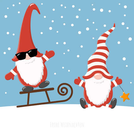 eps vector illustration with christmas gnomes having different characters for xmas and winter time concepts, falling snow flakes on blue colored backgroundのイラスト素材