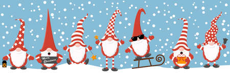 eps vector illustration with christmas gnomes having different characters for xmas and winter time concepts, falling snow flakes on blue colored backgroundのイラスト素材