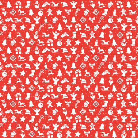 seamless christmas background colored red consists of typical christmas icons like santa claus, candle, snowfalke, tree, gingerbread man, starsのイラスト素材