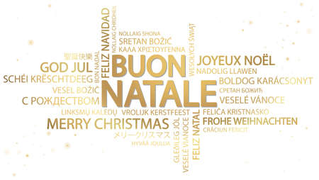 Word cloud with text Merry Christmas in different languages, in the middle one oversized and bold written in Italianのイラスト素材