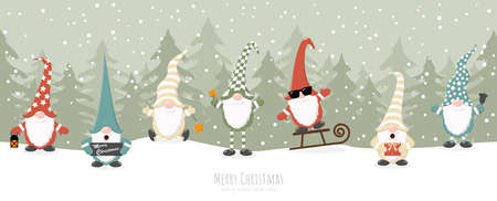 christmas gnomes with different characters for christmas and winter time concepts, falling snow, woodland with firs and greetings for christmas and New Year on green backgroundのイラスト素材