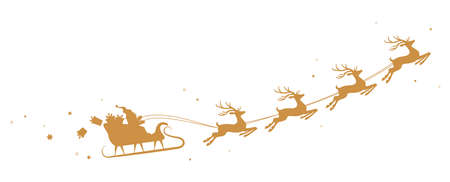 eps vector illustration with silhouette of colored Santa Claus with sled and reindeer and some gifts flying in the sky isolated on white backgroundのイラスト素材
