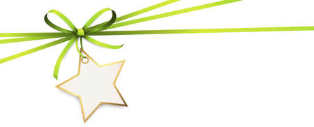 vector illustration of green colored ribbon bow and gift band with shape of a golden star pendant for christmas greetings isolated on white backgroundのイラスト素材