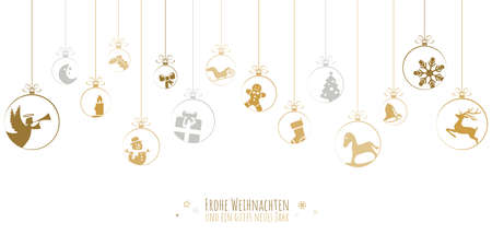 hanging baubles colored gold with different abstract icons for christmas and winter time concepts and greetings for christmas and New Yearのイラスト素材