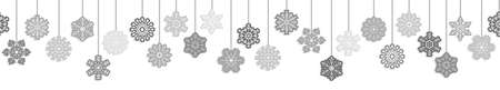 seamless vector panorama banner with different hanging snow stars colored gray for christmas and winter time conceptsのイラスト素材