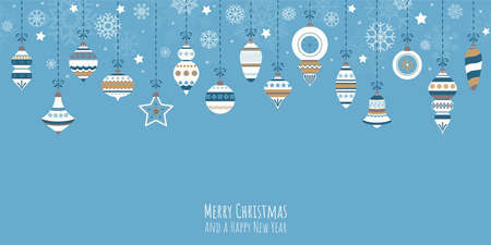 eps vector illustration with different vintage elegant christmas tree baubles with ornaments and festive decorations colored blueのイラスト素材