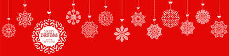 different hanging snow stars for christmas and winter time concepts with greetings for christmas and New Year with red colored backgroundのイラスト素材