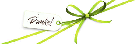 vector illustration of green colored ribbon bow and gift ribbon isolated on white background with hang tag and greetings " thanks " (text german)のイラスト素材