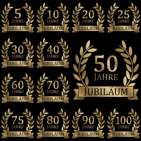 eps vector file with golden laurel wreath collection on black background for success or firm jubilee with text 5 to 100 years (german text)のイラスト素材