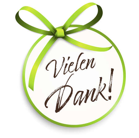 EPS 10 vector illustration of hang tag and green colored ribbon bow isolated on white background with greetings " thanks " (text german)のイラスト素材