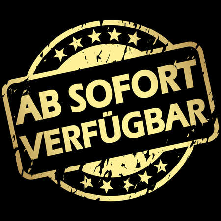 vector with round golden colored stamp with banner and text available now (in german)のイラスト素材