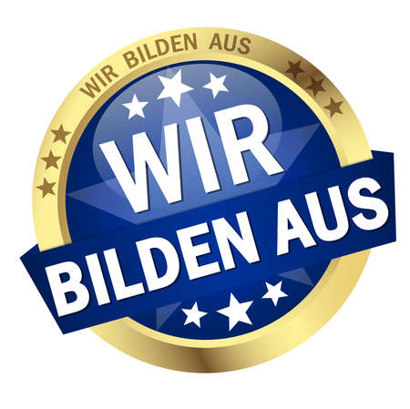 vector with round colored button with banner and text we educate (in german)のイラスト素材