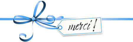 EPS 10 vector illustration of blue colored ribbon bow and gift ribbon isolated on white background with hang tag and greetings " thanks " (french text merci)のイラスト素材