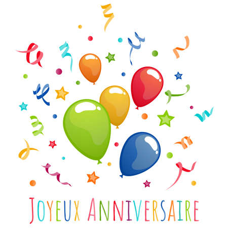 EPS vector illustration of different colored flying balloons, streamers, confetti and stars exploding, text happy birthday (in french language), use for party advertising templatesのイラスト素材
