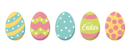 Eps vector illustration of simple painted easter eggs with different colors and patterns and easter time greetingsのイラスト素材