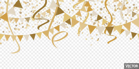 illustration of seamless golden colored happy confetti, garlands and streamers on white background for wedding party or sylvester template usage with transparency in vector fileのイラスト素材