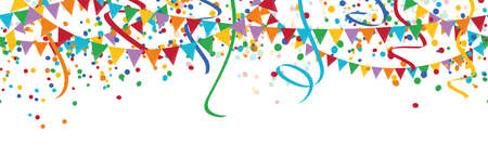 vector illustration of seamless colored happy confetti, garlands and streamers on white background for carnival party or birthday template usageのイラスト素材
