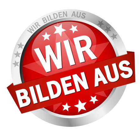 EPS 10 vector with round colored button with banner and text we educate (in german)のイラスト素材