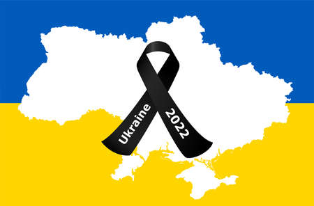 eps vector illustration with silhouette of country ukraine with country colors and black mourning ribbon for war 2022のイラスト素材