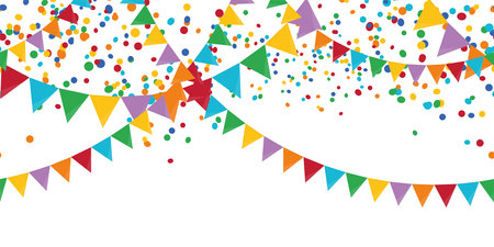 EPS 10 vector illustration of seamless colored happy confetti and garlands on white background for carnival party or birthday template usageのイラスト素材