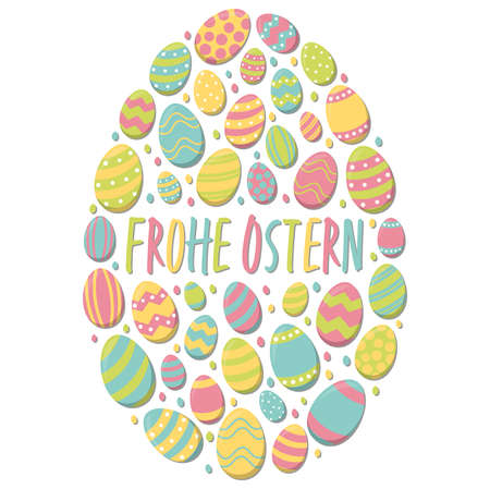 eps vector illustration of painted easter eggs with different colors combined to form a large egg and easter time greetings (german text) on white backgroundのイラスト素材