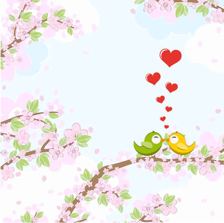 eps vector file with yellow and green colored birds in love, flying and sitting on branches with blossoms and green leaves in spring time, background with sky and light cloudsのイラスト素材