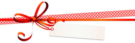 vector illustration of red colored ribbon bow and gift ribbon with pendant isolated on white backgroundのイラスト素材