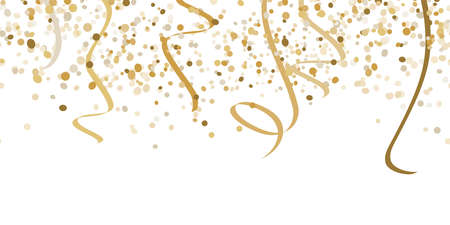 vector illustration of seamless golden colored happy confetti and streamers on white background for sylvester party or birthday template usageのイラスト素材