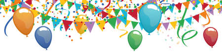 vector illustration of seamless colored happy garlands and balloons with streamers and confetti on white background for birthday, carnival party or sylvester template usageのイラスト素材