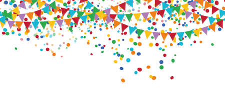 vector illustration of seamless colored happy confetti and garlands on white background for carnival party or birthday template usageのイラスト素材