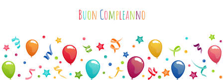 vector illustration file banner with birthday greetings (italian text) with balloons, streamers, confetti and stars for birthday and party time conceptsのイラスト素材