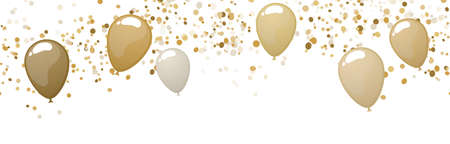 vector illustration of seamless golden colored happy balloons and confetti on white background for wedding, carnival party or sylvester template usageのイラスト素材