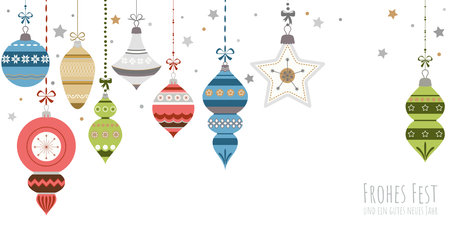 EPS vector illustration with different vintage elegant christmas tree baubles with ornaments and festive decorations in various colorsのイラスト素材