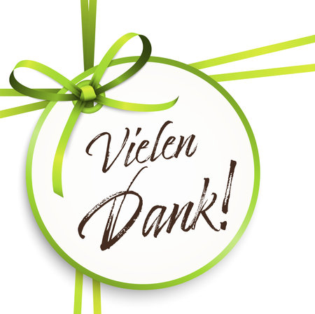 EPS 10 vector illustration of green colored ribbon bow and gift ribbon isolated on white background with hang tag and greetings " thanks " (text german)のイラスト素材