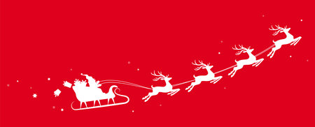 eps vector illustration with silhouette of white Santa Claus with sled and reindeer and some gifts flying in the sky isolated on colored backgroundのイラスト素材