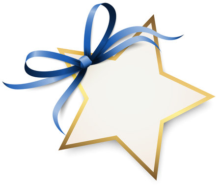 EPS 10 vector illustration of blue colored ribbon bow and gift ribbon with shape of a golden star pendant for christmas greetings isolated on white backgroundのイラスト素材