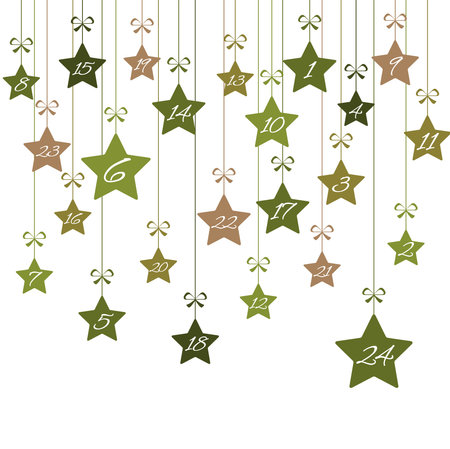 hanging christmas stars colored green with numbers 1 to 24 showing advent calendar for xmas and winter time concepts, white backgroundのイラスト素材